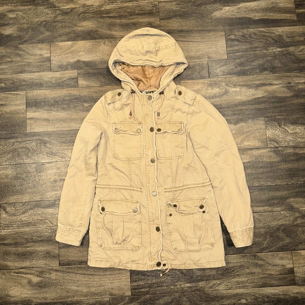 Aeropostale Utility Jacket Hooded Long-Sleeve Women's Small Full-Zip Snap Beige